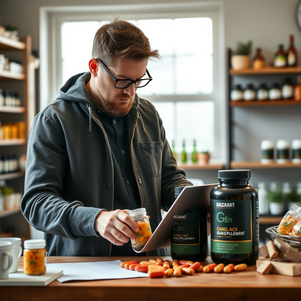 Entrepreneur working on laptop in warehouse with supplement products