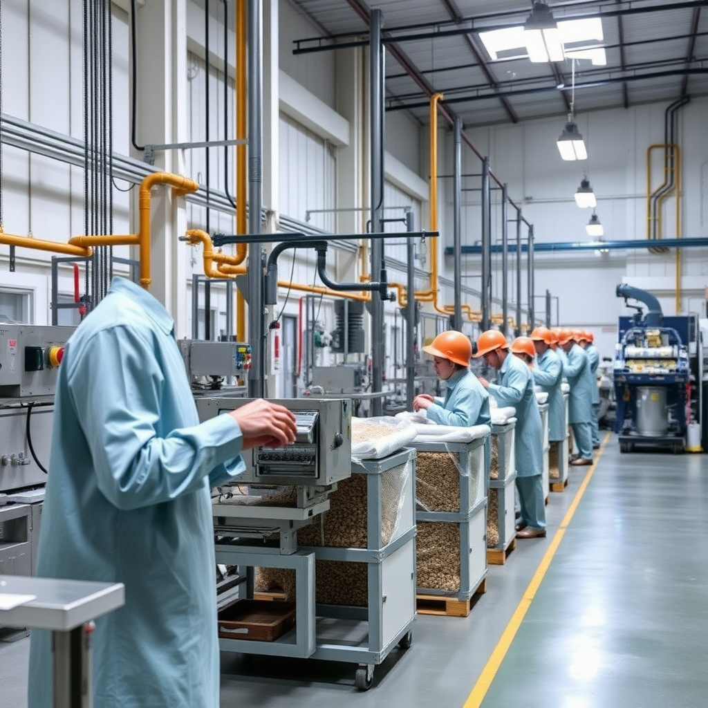 Cleanroom pharmaceutical manufacturing with workers in protective gear