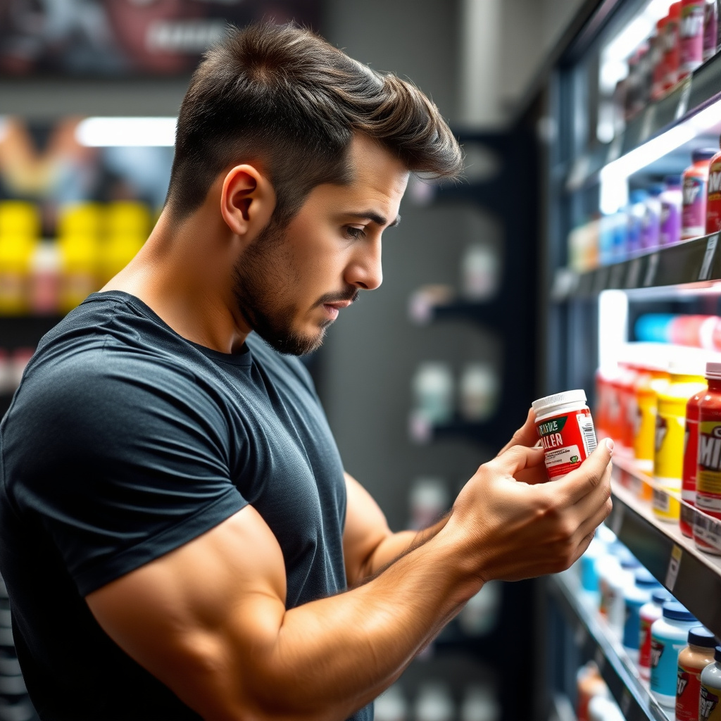 Man examining supplement bottle in gym
