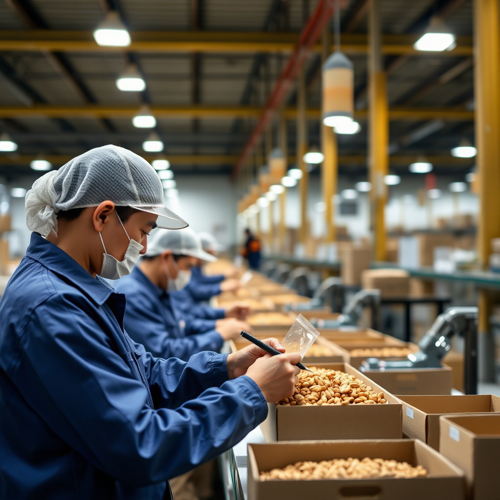 NutFill warehouse facility in China with workers at packaging line